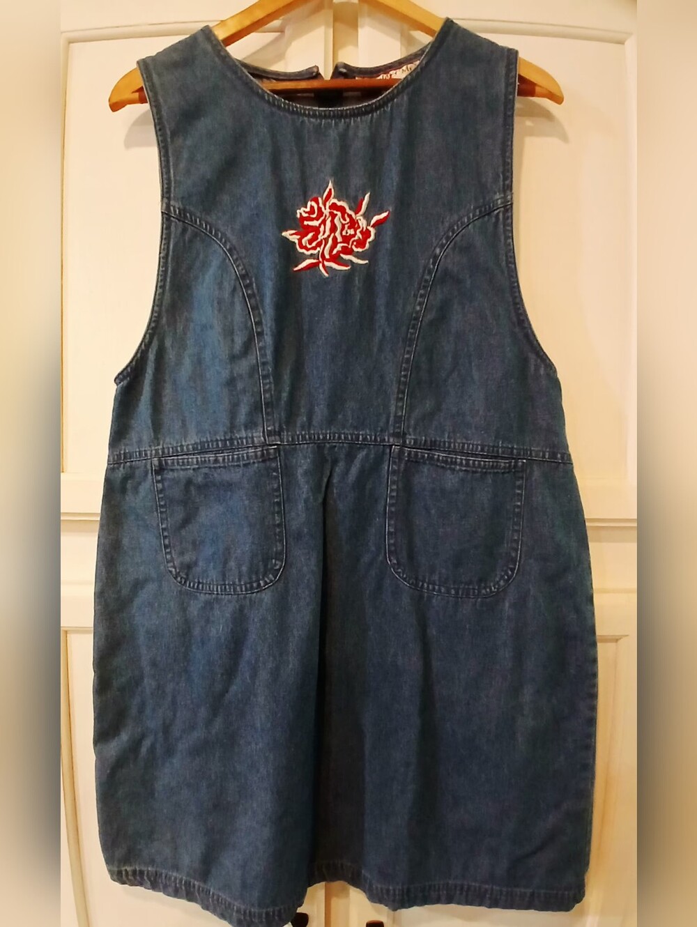 Vintage Beth & Me Denim Jumper Dress, Embroidered Rose, Sleeveless, Size M